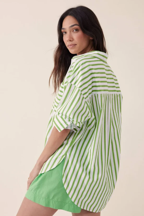 Ceres Life Oversized Organic Cotton Poplin Shirt - Splash Green White Stripe