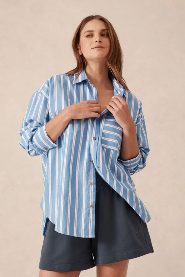 Ceres Life Oversized Organic Cotton Poplin Shirt - Blue White Red Stripe