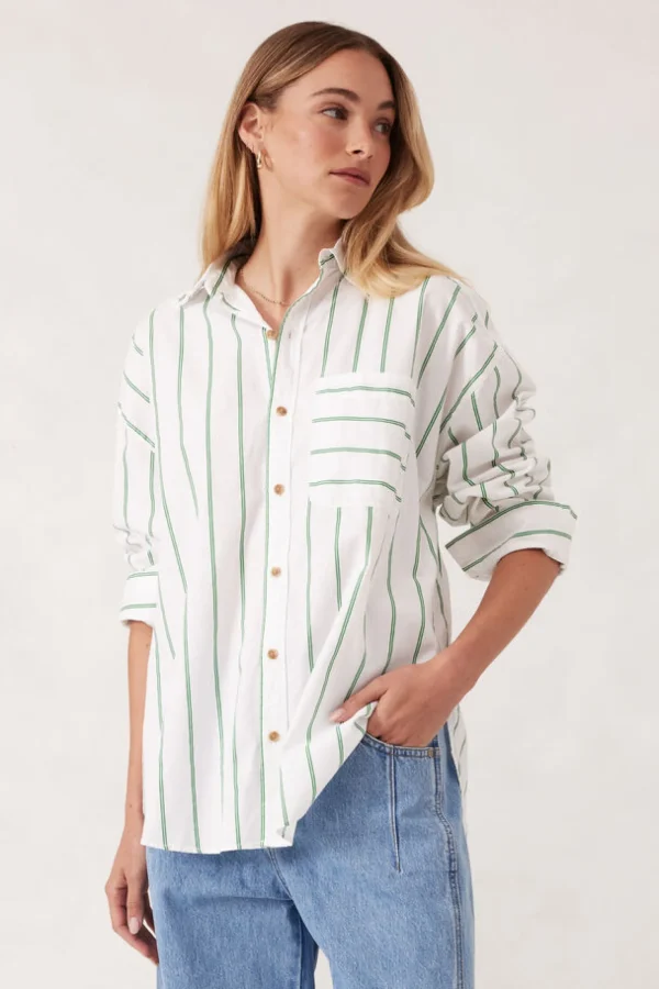 Ceres Life Oversized Poplin Shirt- Grass Fine Twin Stripe