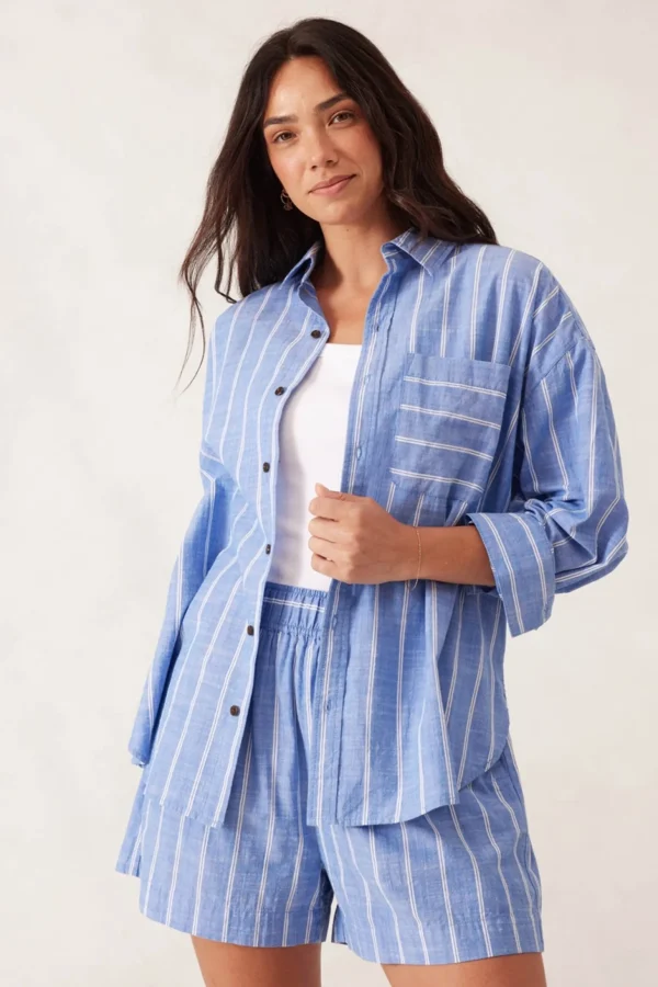 Ceres Life Oversized Poplin Shirt - Oxford Blue White Twin Stripe