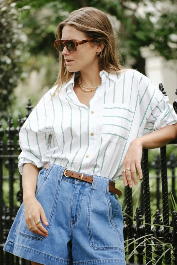 Ceres Life Oversized Poplin Shirt- Grass Fine Twin Stripe