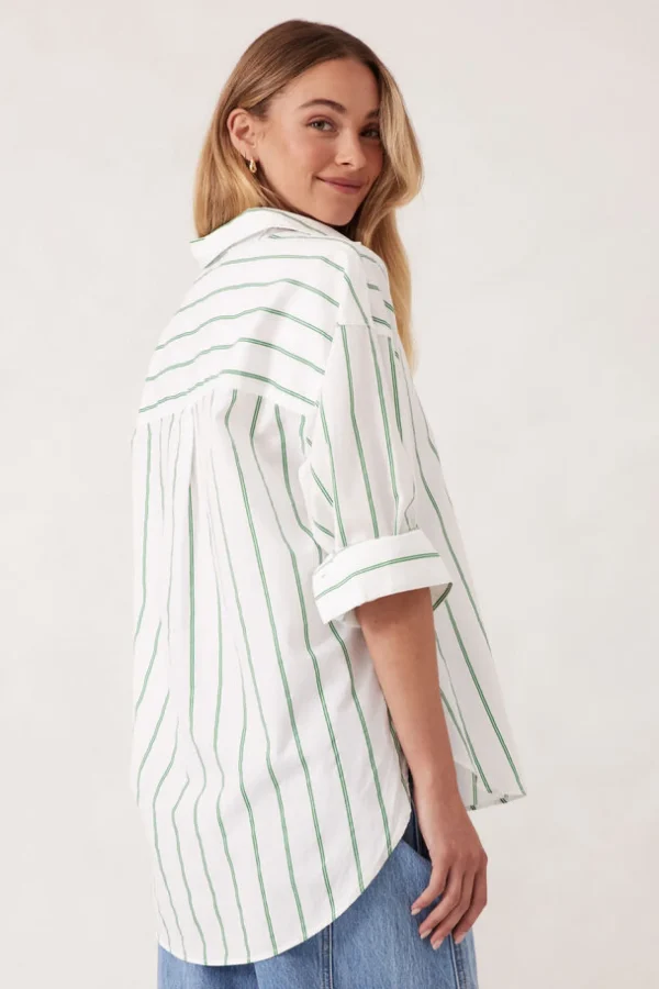 Ceres Life Oversized Poplin Shirt- Grass Fine Twin Stripe