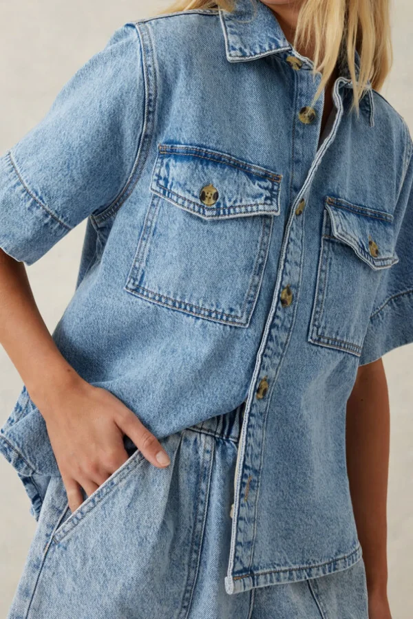 Ceres Life Short Sleeve Boxy Shirt - Vintage Blue Denim