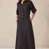 Ceres Life Short Sleeve Denim Midi Shirt Dress - Washed Black Twill