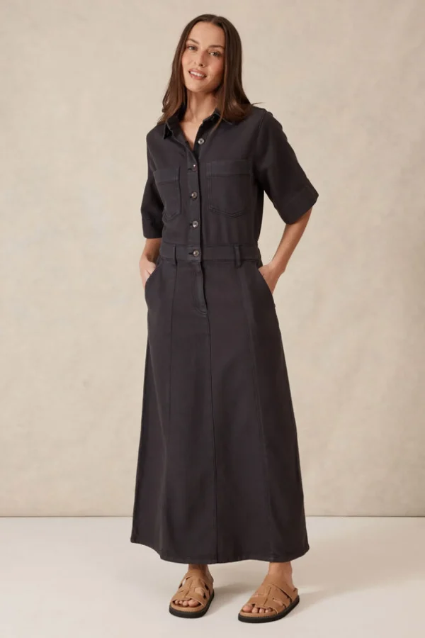 Ceres Life Short Sleeve Denim Midi Shirt Dress - Washed Black Twill