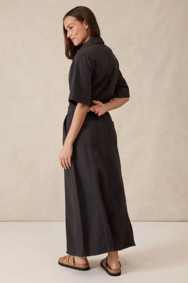 Ceres Life Short Sleeve Denim Midi Shirt Dress - Washed Black Twill