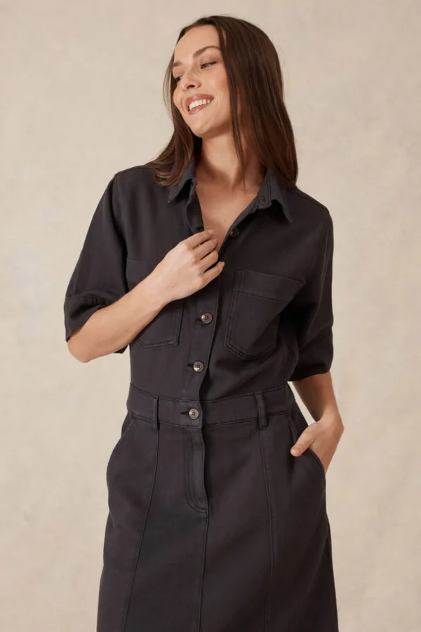 Ceres Life Short Sleeve Denim Midi Shirt Dress - Washed Black Twill