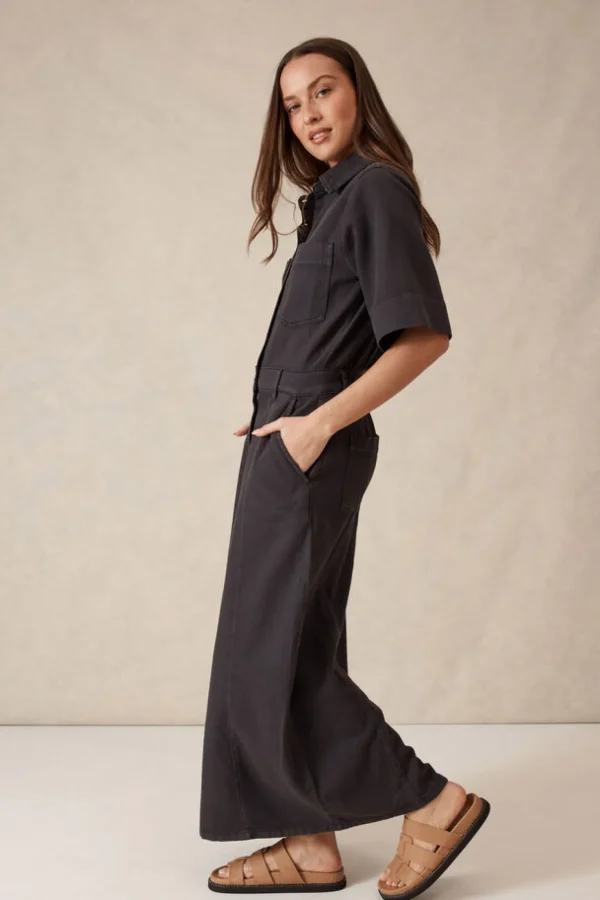 Ceres Life Short Sleeve Denim Midi Shirt Dress - Washed Black Twill