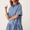 Ceres Life Short Sleeve Tiered Pocket Shirt Dress  - Vintage Blue