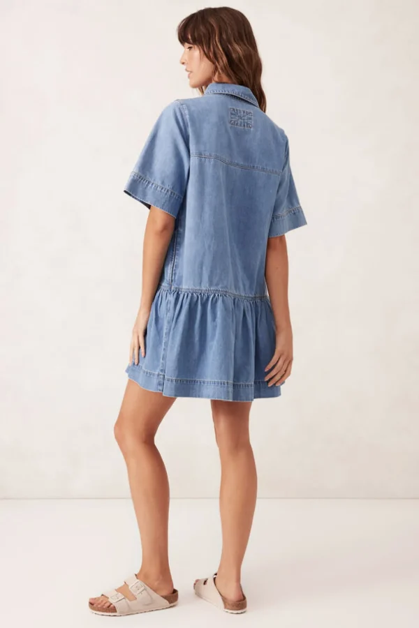 Ceres Life Short Sleeve Tiered Pocket Shirt Dress  - Vintage Blue