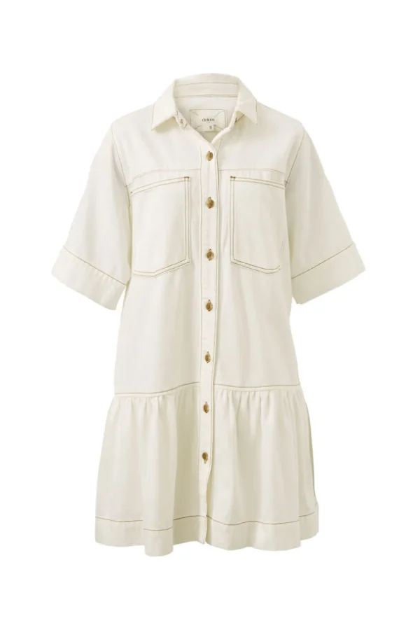 Ceres Life Short Sleeve Tiered Pocket Shirt Dress - Fresh Ecru