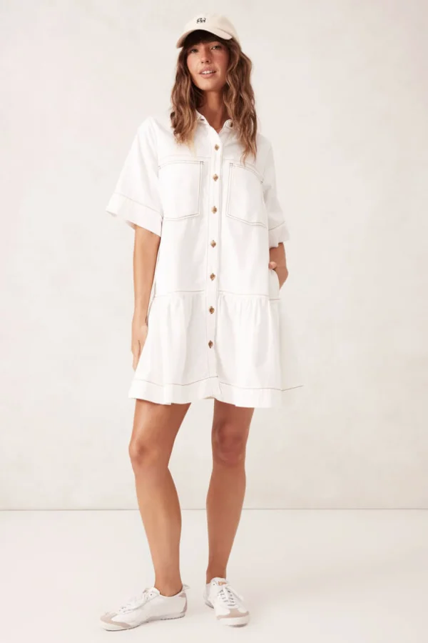 Ceres Life Short Sleeve Tiered Pocket Shirt Dress - Fresh Ecru