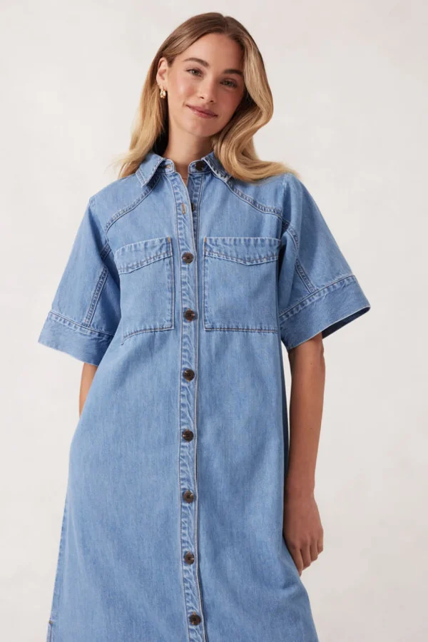 Ceres Life Short Sleeve Yoke Detail Midi Dress - Vintage Blue