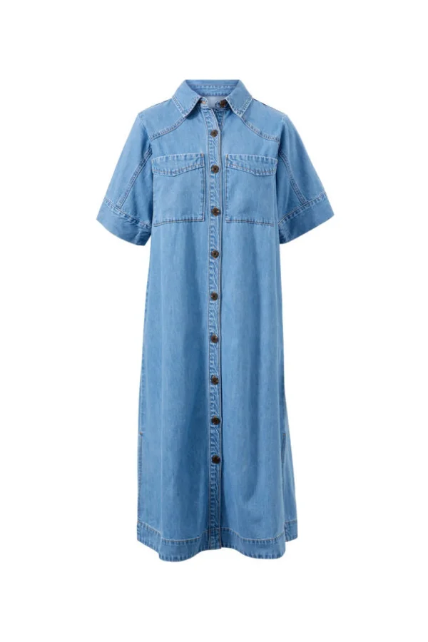 Ceres Life Short Sleeve Yoke Detail Midi Dress - Vintage Blue