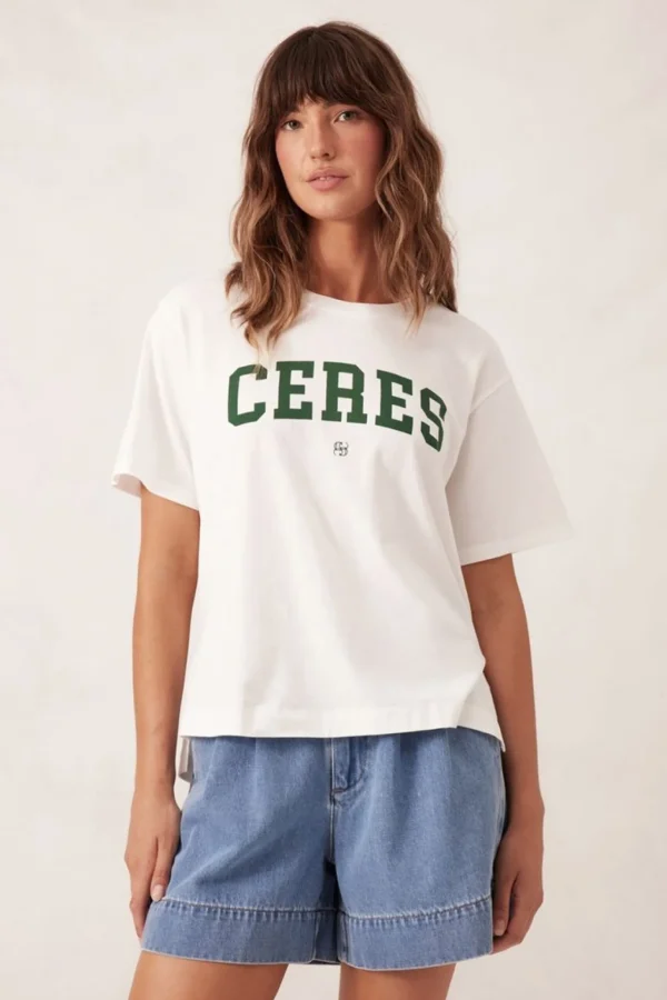 Ceres Life Slouchy Split Hem Tee - Vanilla/Pine Green Varsity