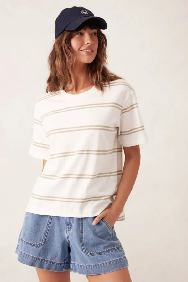 Ceres Life Slouchy Split Hem Tee - Vanilla/Matcha Double Stripe