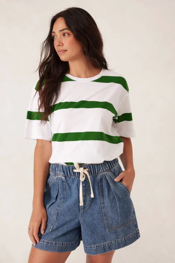 Ceres Life Slouchy Split Hem Tee - Winter Green Bold Stripe