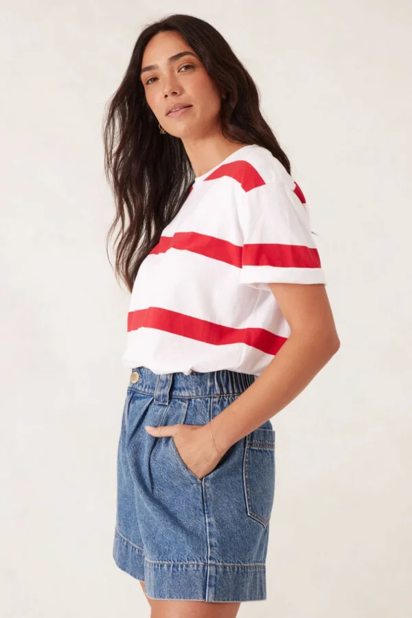 Ceres Life Slouchy Split Hem Tee - White/Heritage Red Bold Stripe