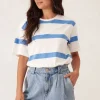 Ceres Life Slouchy Split Hem Tee - Vanilla/Pool Blue Bold Stripe