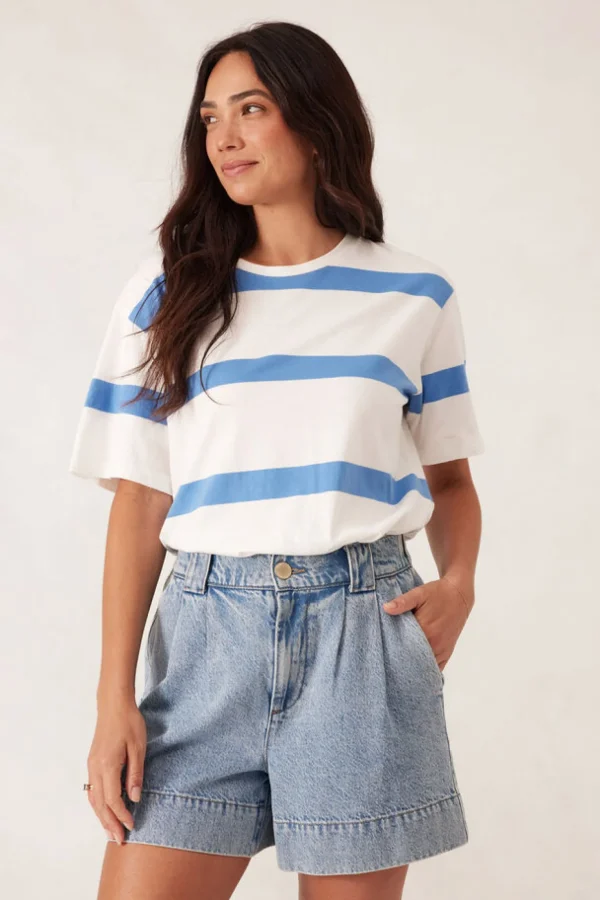 Ceres Life Slouchy Split Hem Tee - Vanilla/Pool Blue Bold Stripe