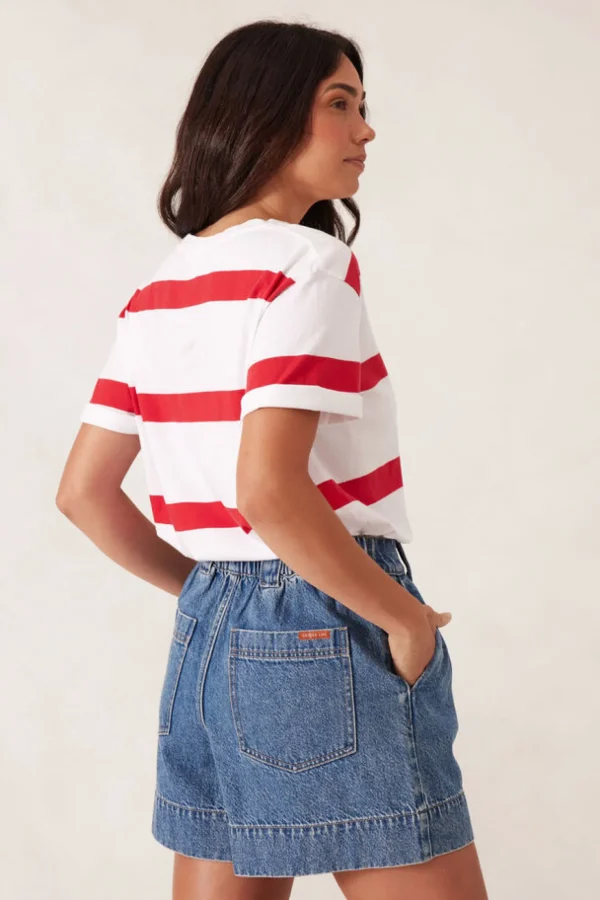 Ceres Life Slouchy Split Hem Tee - White/Heritage Red Bold Stripe