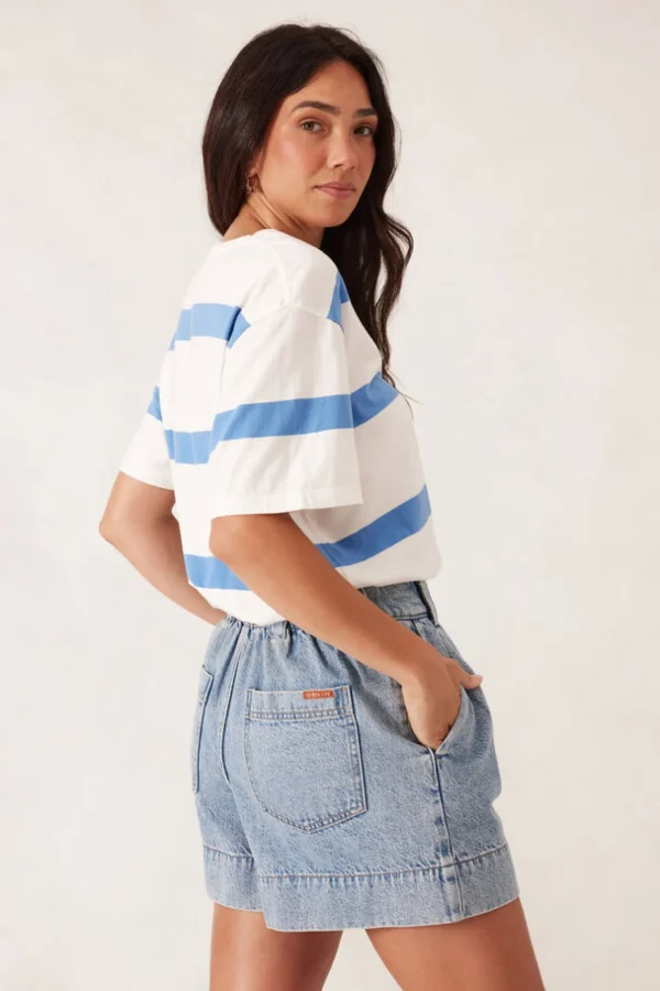 Ceres Life Slouchy Split Hem Tee - Vanilla/Pool Blue Bold Stripe