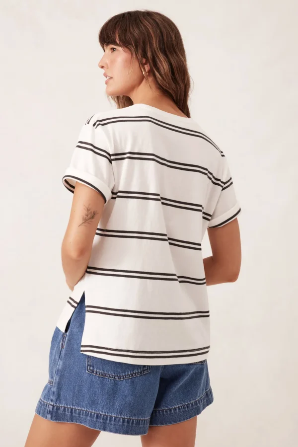 Ceres Life Slouchy Split Hem Tee - Vanilla/Phantom Double Stripe