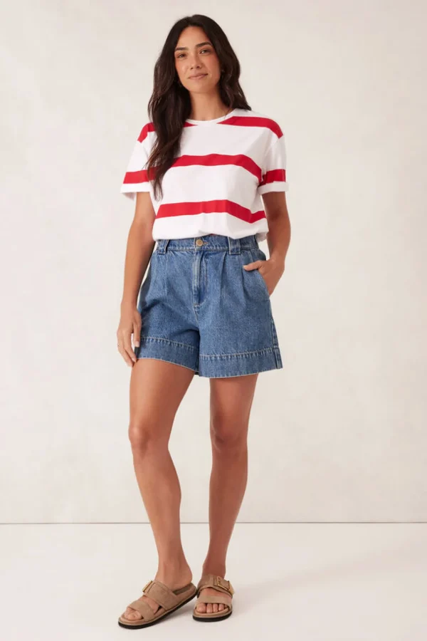 Ceres Life Slouchy Split Hem Tee - White/Heritage Red Bold Stripe