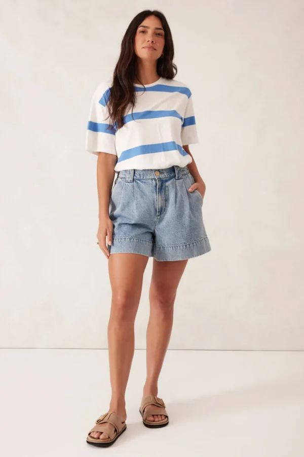 Ceres Life Slouchy Split Hem Tee - Vanilla/Pool Blue Bold Stripe