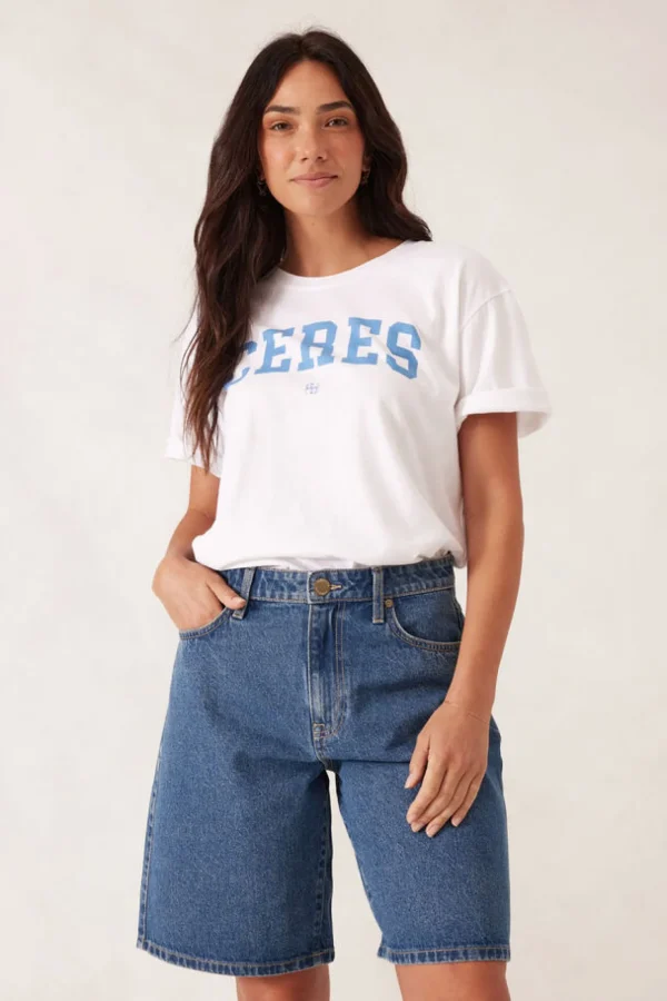 Ceres Life Slouchy Split Hem Tee - White/Ceres Varisty Pool Blue