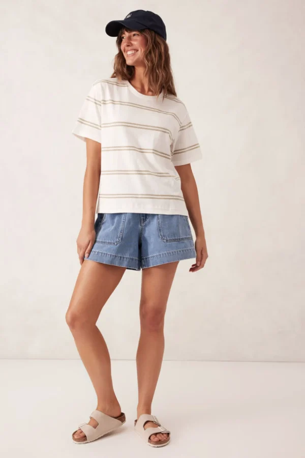 Ceres Life Slouchy Split Hem Tee - Vanilla/Matcha Double Stripe