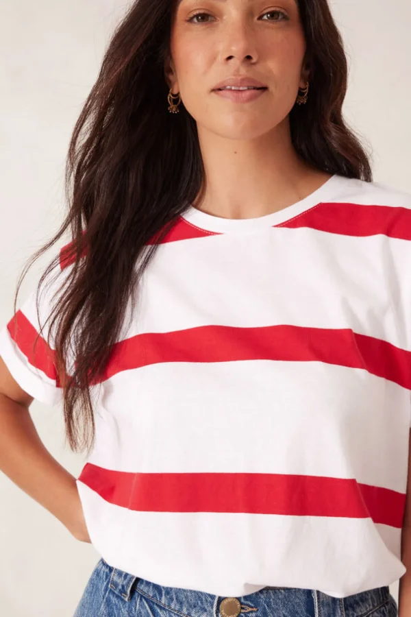 Ceres Life Slouchy Split Hem Tee - White/Heritage Red Bold Stripe