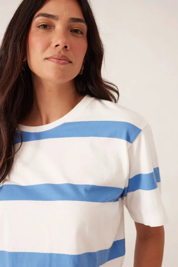 Ceres Life Slouchy Split Hem Tee - Vanilla/Pool Blue Bold Stripe