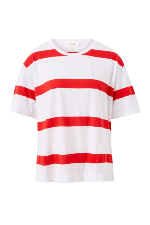 Ceres Life Slouchy Split Hem Tee - White/Heritage Red Bold Stripe