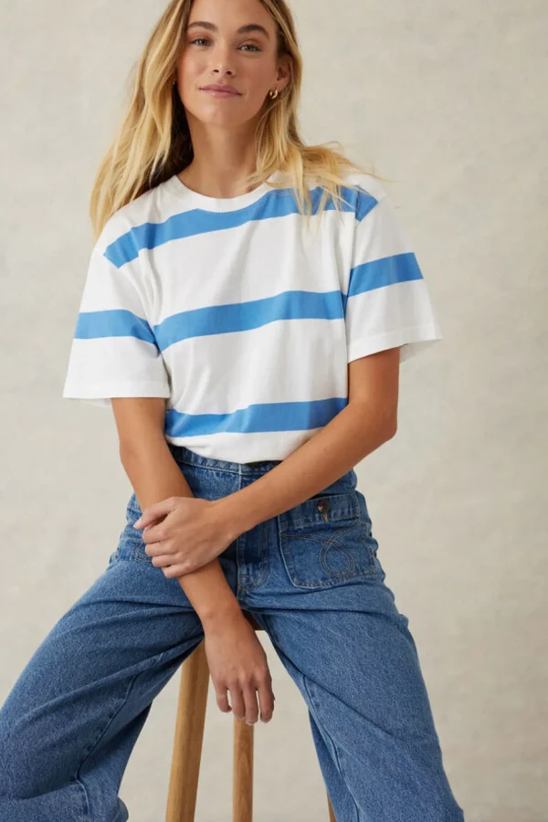 Ceres Life Slouchy Split Hem Tee - Vanilla/Pool Blue Bold Stripe