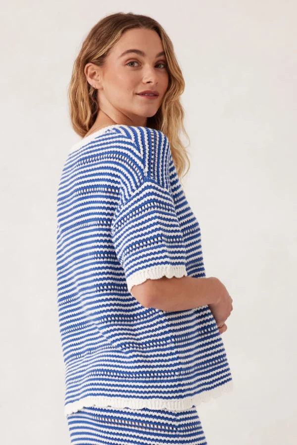 Ceres Life Textured Boxy Knit Tee - Summer Blue Stripe