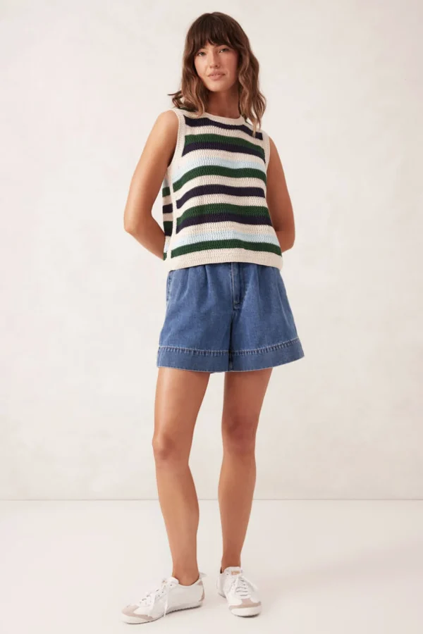 Ceres Life Textured Mulit Stripe Knit Tank - Aqua Pine Navy Stripe