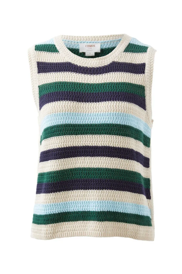 Ceres Life Textured Mulit Stripe Knit Tank - Aqua Pine Navy Stripe