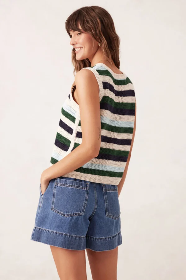 Ceres Life Textured Mulit Stripe Knit Tank - Aqua Pine Navy Stripe