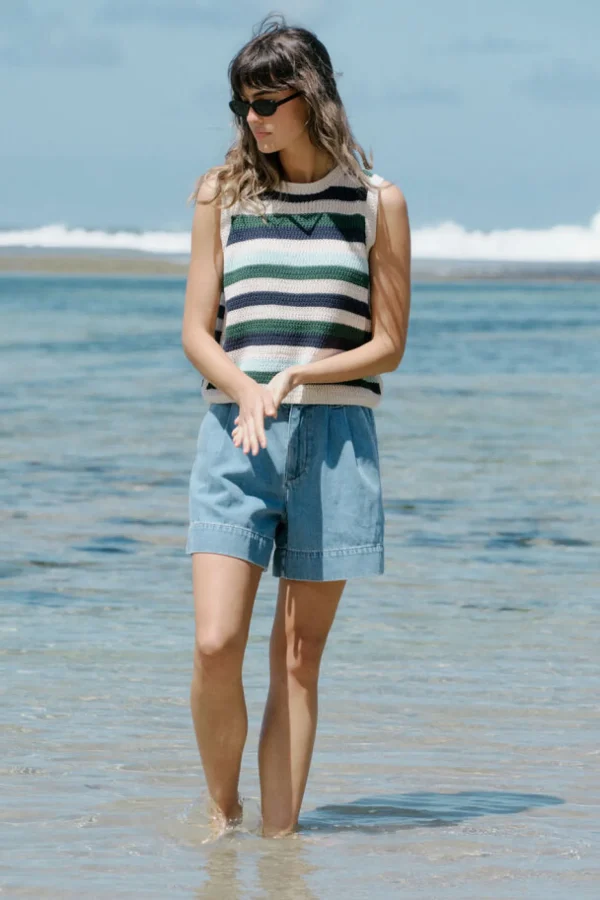 Ceres Life Textured Mulit Stripe Knit Tank - Aqua Pine Navy Stripe