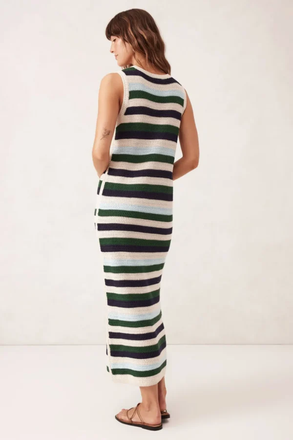 Ceres Life Textured Multi Stripe Knit Midi Dress - Aqua Pine Navy Stripe