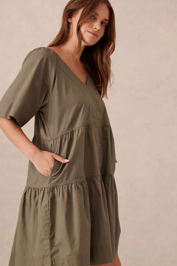 Ceres Life Tiered Poplin Mini Dress - Soft Olive