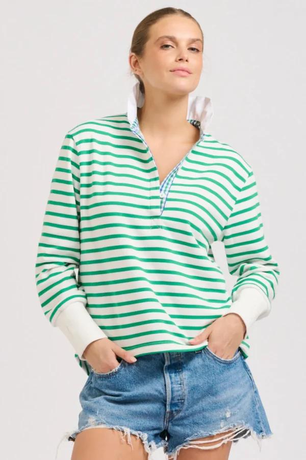 Est 1971 Rugby Frill Collar Cotton Sweatshirt - Green Stripe