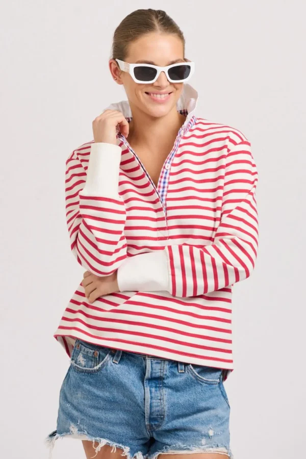 Est 1971 Rugby Frill Collar Cotton Sweatshirt - Raspberry Stripe