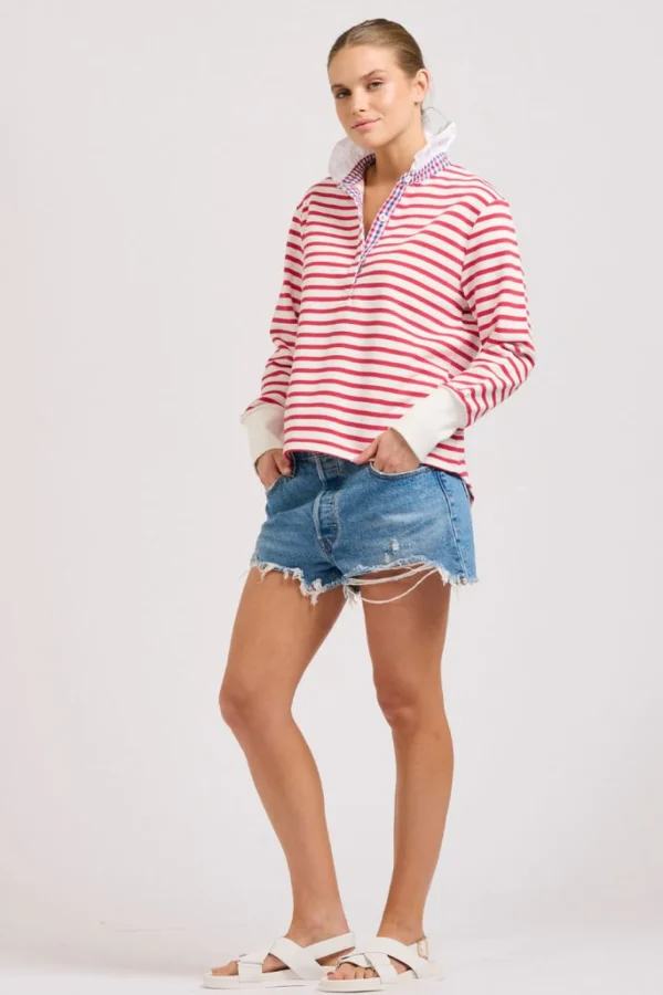 Est 1971 Rugby Frill Collar Cotton Sweatshirt - Raspberry Stripe