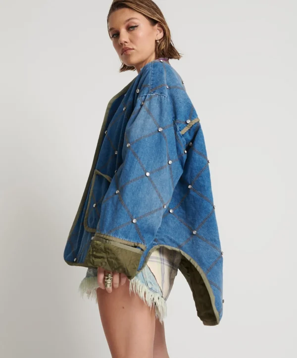 One Teaspoon Bay Blue Quilted Crystal Studded Jacket