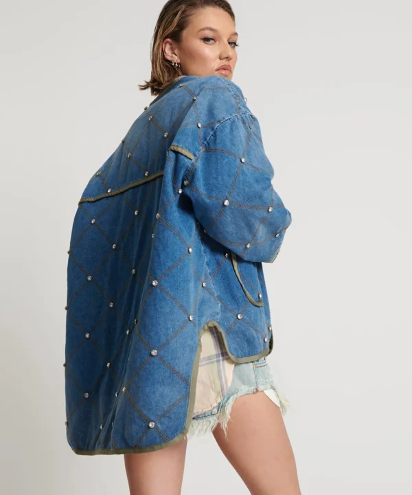 One Teaspoon Bay Blue Quilted Crystal Studded Jacket