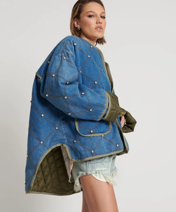 One Teaspoon Bay Blue Quilted Crystal Studded Jacket