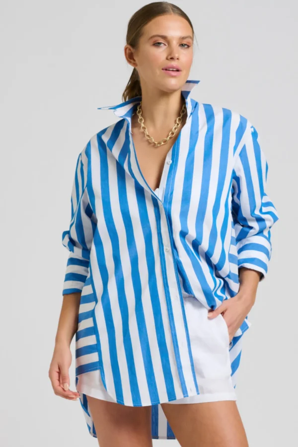 Shirty Andrea Oversized Boyfriend Shirt- Mid Blue Stripe