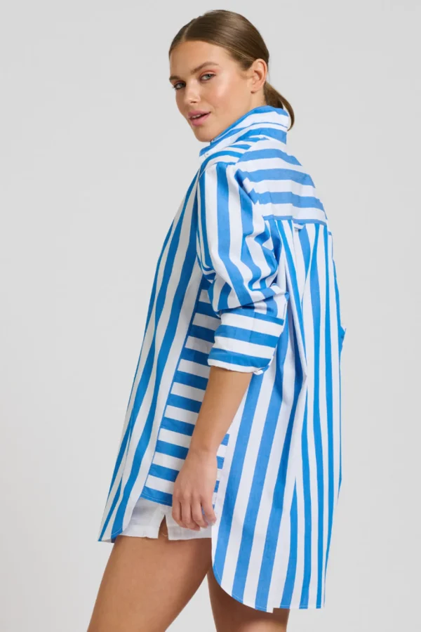 Shirty Andrea Oversized Boyfriend Shirt- Mid Blue Stripe